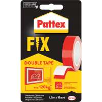 Czerwono-biała taśma Pattex FIX Double Tape prezentowana na tle oryginalnego opakowania sklepowego
