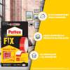 Czerwono-biała taśma Pattex FIX Double Tape widoczna obok opakowania na tle salonu z obrazami