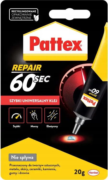 Opakowanie kleju Pattex Repair 60SEC prezentujące precyzyjną końcówkę tubki oraz grafikę szybkości działania