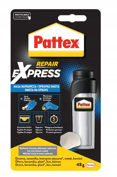 Opakowanie Pattex Repair Express prezentuje masę naprawczą gotową do szybkiego zastosowania w domu