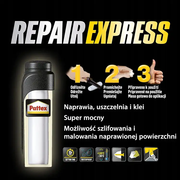 Widoczna tubka Pattex Repair Express z opisem możliwości szlifowania i malowania po naprawie