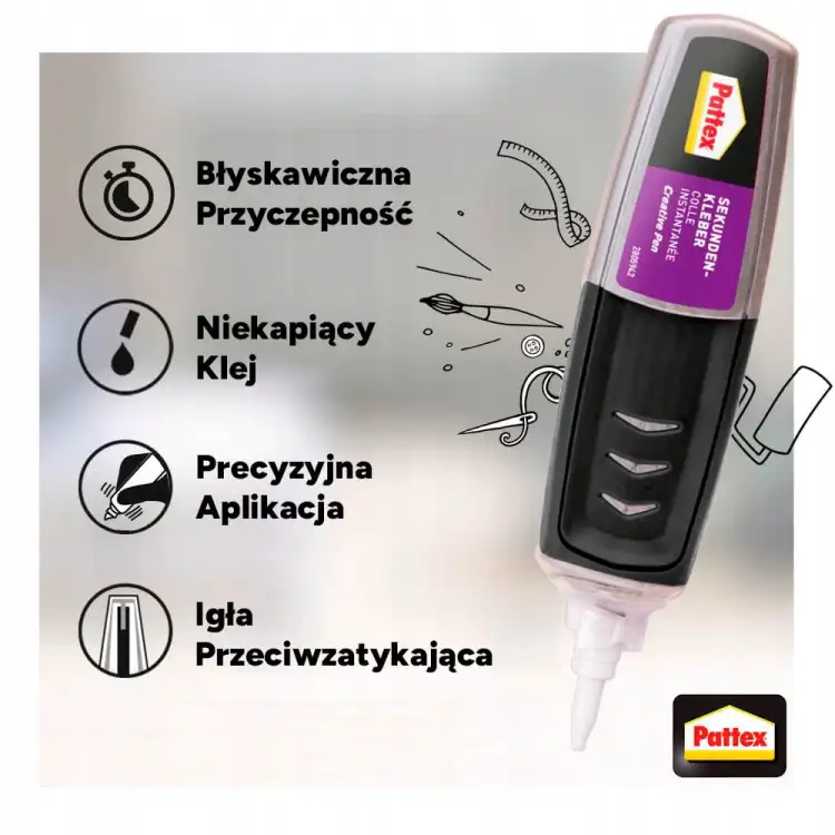 Ergonomiczny aplikator Pattex Perfect Pen z widoczną igłą ułatwiającą nakładanie kleju na detale