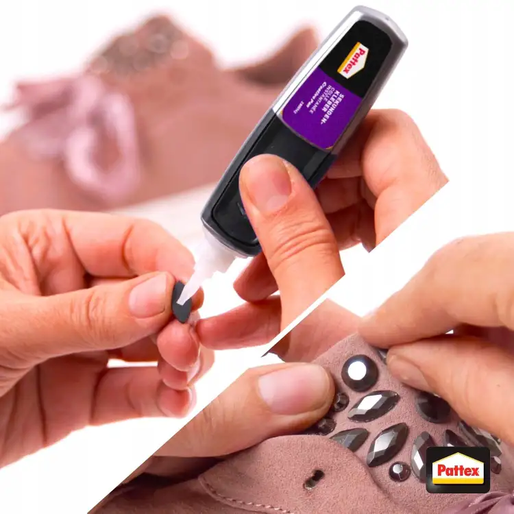 Pattex Perfect Pen Super Glue używany do mocowania ozdobnych kamieni na powierzchni materiału