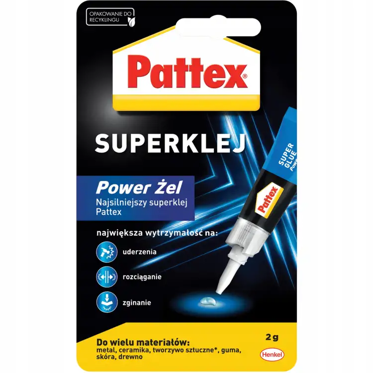 Opakowanie żelu Pattex Power Żel prezentuje precyzyjną końcówkę do naprawy drobnych elementów