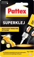 Opakowanie Pattex Super Glue prezentuje dwie tubki kleju do szybkiego łączenia tworzyw sztucznych