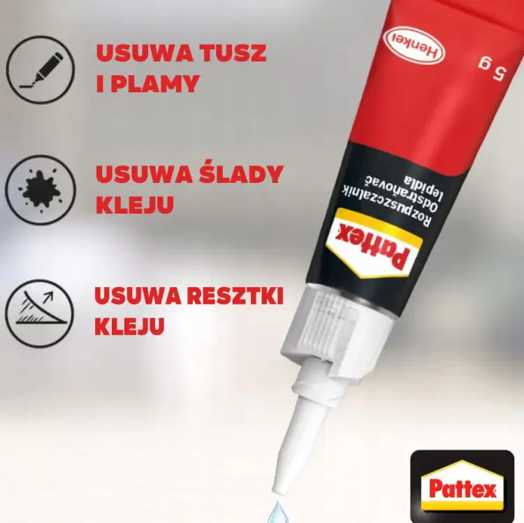 Prezentowany aplikator Pattex pozwala precyzyjnie nanosić środek na trudne do usunięcia plamy kleju