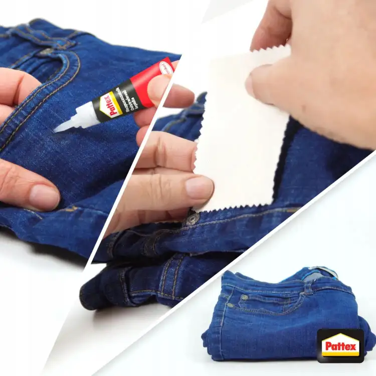 Usuwanie kleju Pattex S.O.S. Super Glue Remover z dżinsów za pomocą białej ściereczki