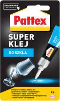 Aplikator Pattex Super Klej do szkła z precyzyjną końcówką pokazany obok sklejonych szklanych elementów