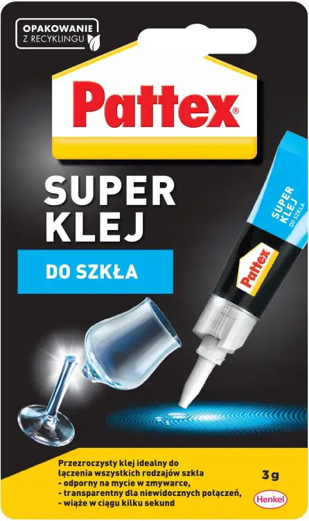 Aplikator Pattex Super Klej do szkła z precyzyjną końcówką pokazany obok sklejonych szklanych elementów