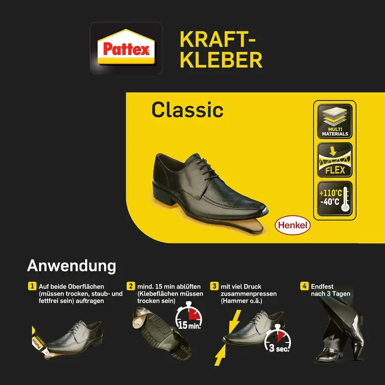 Instrukcja pokazuje sposób użycia kleju Pattex Classic do naprawy podeszwy eleganckiego buta skórzanego