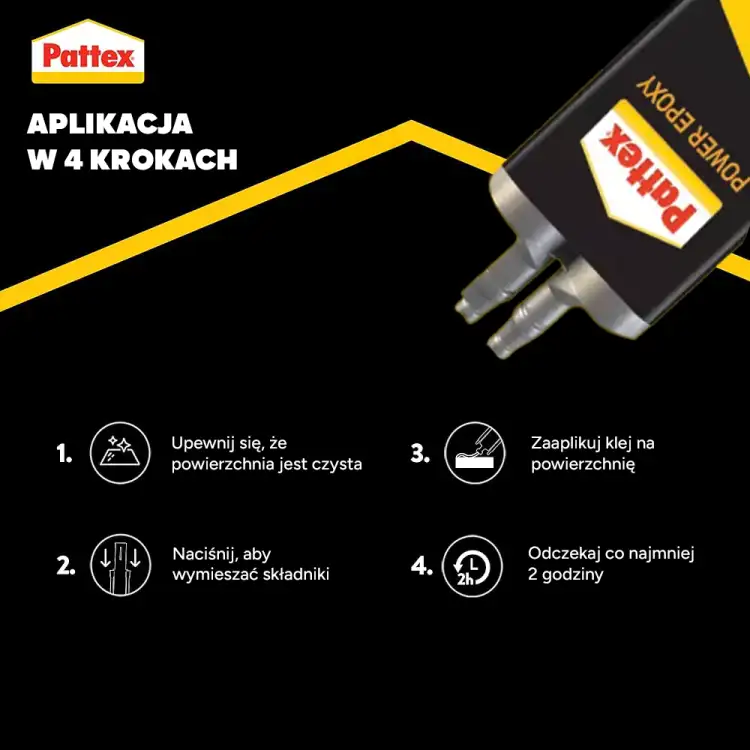 Instrukcja aplikacji epoksydu Pattex prezentująca cztery etapy przygotowania i nakładania kleju na powierzchnię