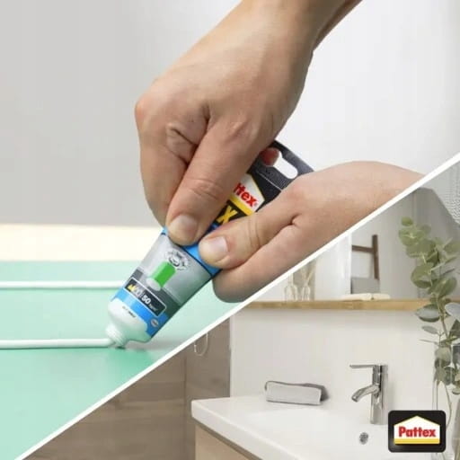 Aplikacja białego kleju Pattex Fix Super na zieloną płytkę w łazience przy umywalce