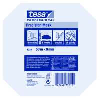 Opakowanie taśmy Tesa Precision Mask Washi prezentuje instrukcję użycia i szczegóły produktu na niebieskiej etykiecie