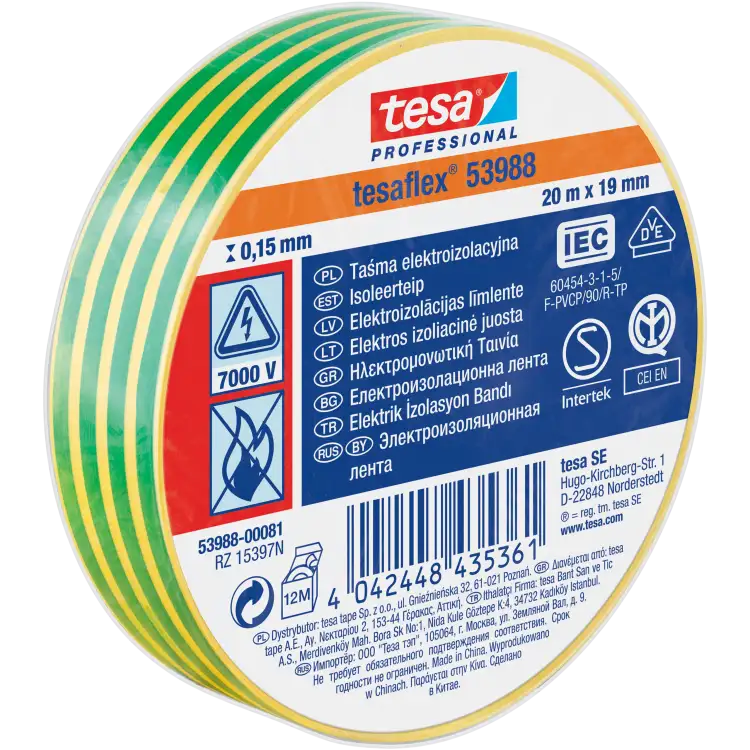 Taśma Izolacyjna PCV Tesa Samoprzylepna Izolacja 19mm x 20m Żółto-zielona