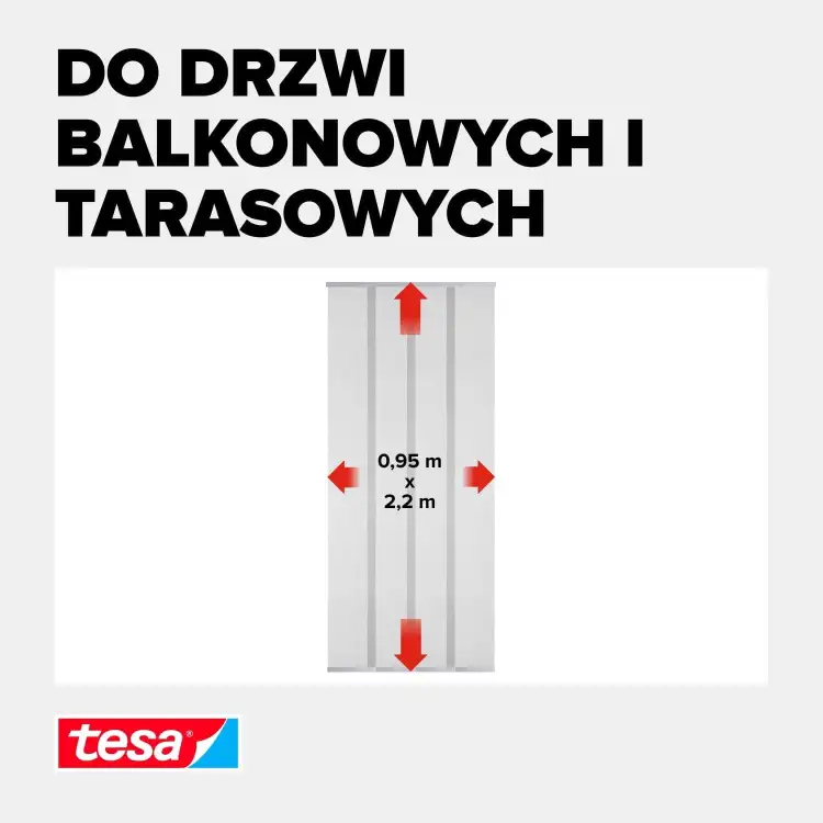 Wizualizacja białej moskitiery lamelowej Tesa zamontowanej na drzwiach balkonowych z zaznaczonymi wymiarami