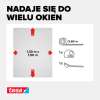 Grafika pokazuje wymiary oraz elementy zestawu czarnej moskitiery Tesa przeznaczonej do różnych okien