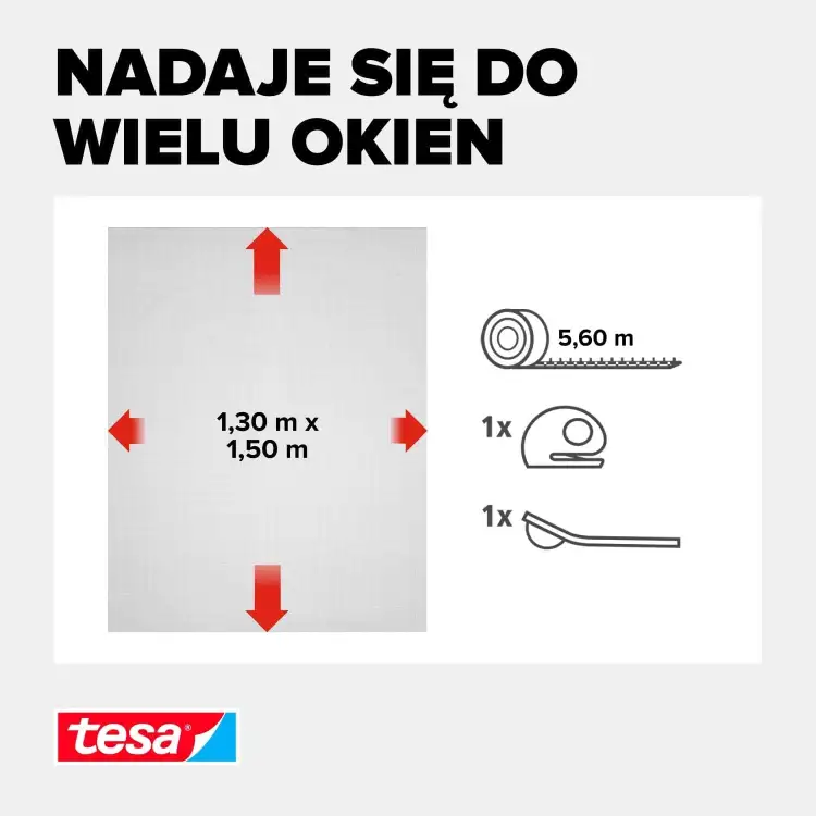 Grafika pokazuje wymiary oraz elementy zestawu czarnej moskitiery Tesa przeznaczonej do różnych okien