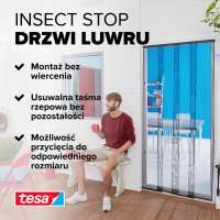 Czarna moskitiera Tesa na drzwi balkonowe prezentuje łatwy montaż bez wiercenia oraz funkcję regulacji szerokości