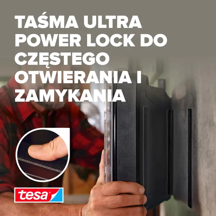 Montaż czarnej taśmy rzepowej Tesa na ścianie ułatwia wielokrotne otwieranie i zamykanie panelu