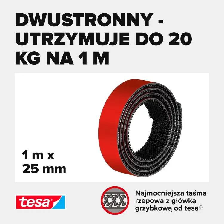 Czarna taśma rzepowa Tesa dwustronna prezentowana w zwoju na jasnym tle z opisem wytrzymałości