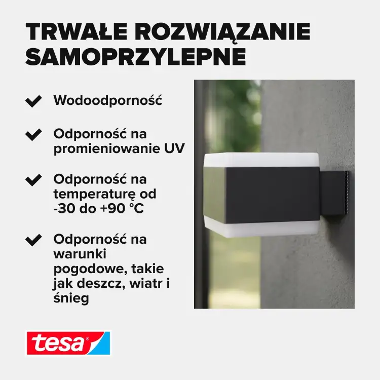 Informacja o odporności rzepu montażowego Tesa na warunki atmosferyczne oraz promieniowanie UV na jasnym tle