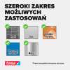 Grafika prezentuje kompatybilność czarnego rzepu montażowego Tesa z różnymi powierzchniami, takimi jak płytki czy metal