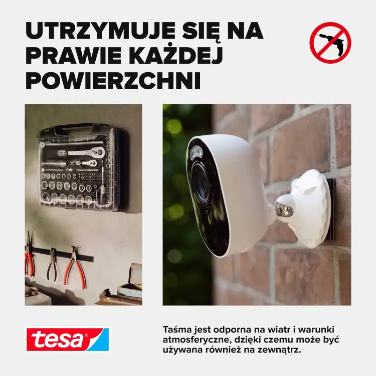 Mocna taśma rzepowa Tesa montuje kamerę na zewnętrznej ścianie, zapewniając trwałe mocowanie