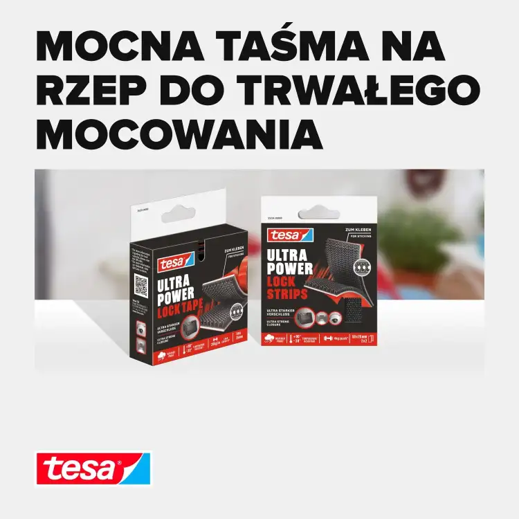 Na zdjęciu widoczne są dwa opakowania rzepu montażowego Tesa ustawione na białym tle