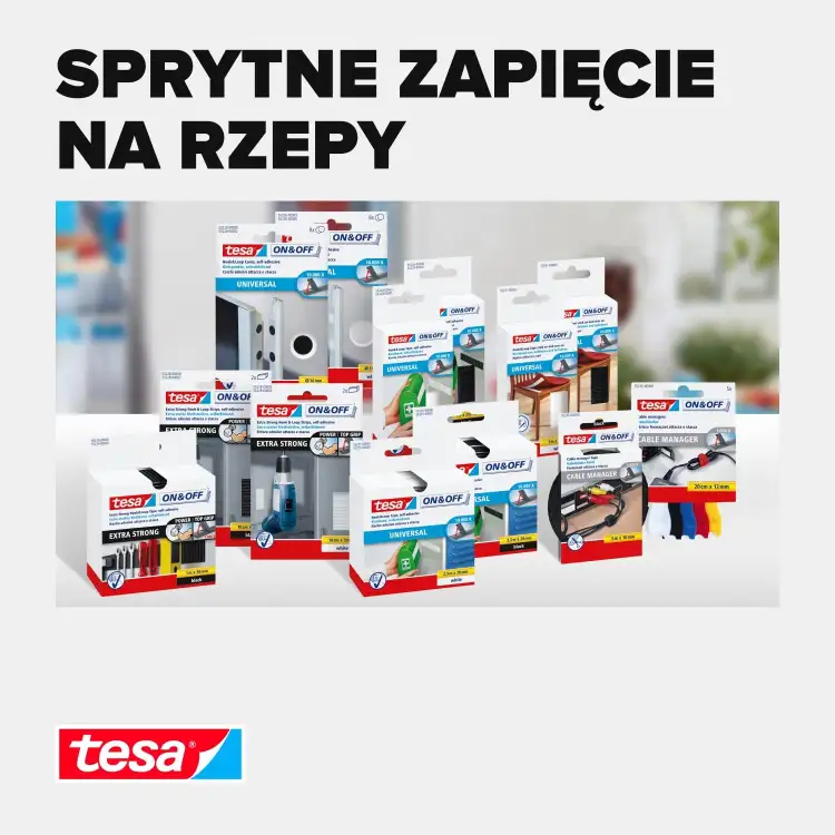 Opakowania organizerów do kabli Tesa prezentowane na jasnym tle z widocznym logo marki