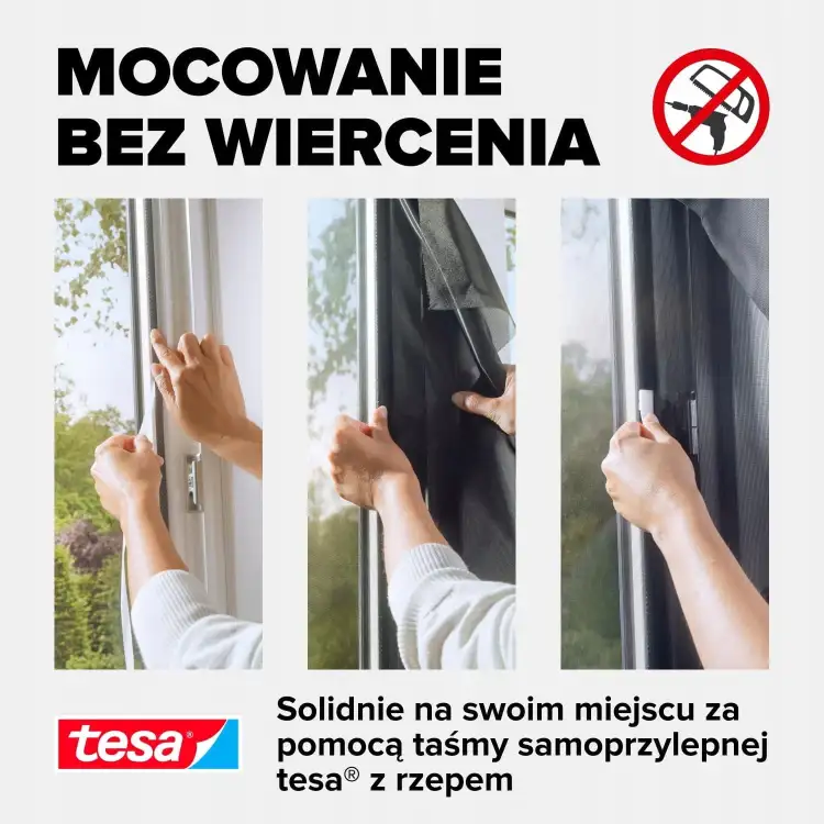 Instrukcja montażu moskitiery Tesa na okno przy użyciu samoprzylepnej taśmy z rzepem