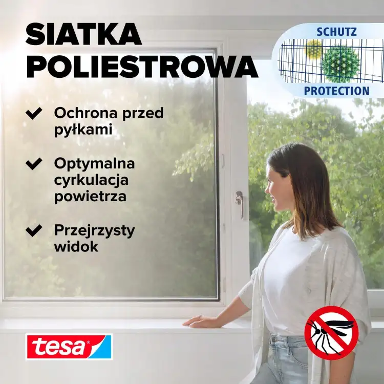Widoczna siatka przeciwpyłkowa Tesa na oknie zapewnia ochronę przed alergenami i swobodny przepływ powietrza