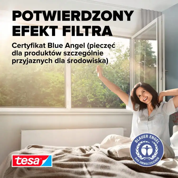 Certyfikat Blue Angel potwierdzający skuteczność filtra przeciwpyłkowego w moskitierze Tesa na oknie