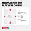 Grafika przedstawia wymiary białej siatki Tesa Comfort oraz elementy zestawu do montażu