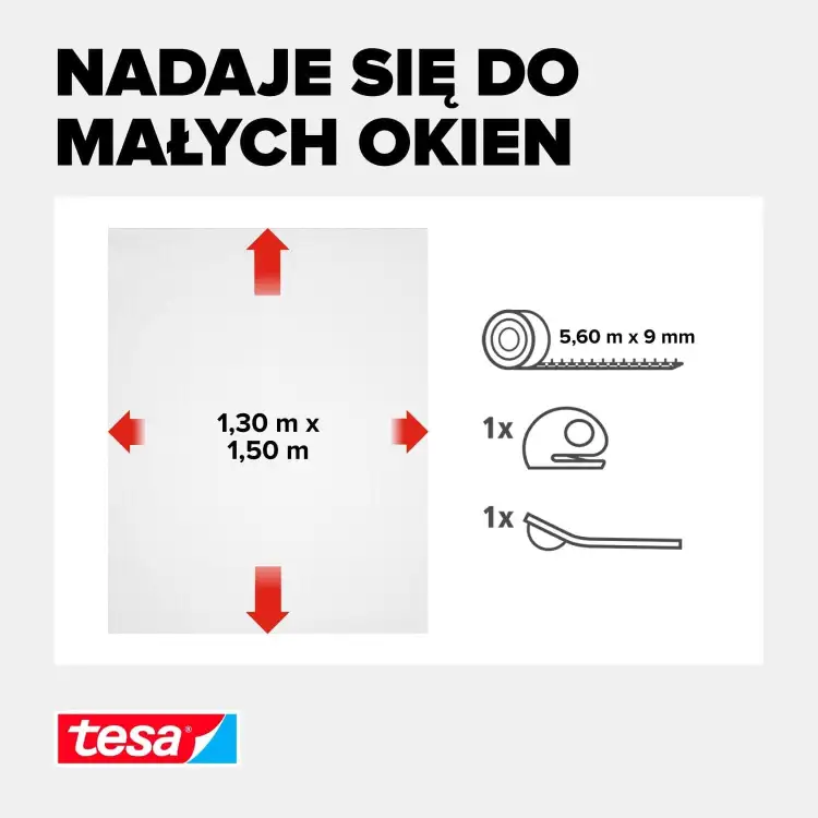 Grafika przedstawia wymiary białej siatki Tesa Comfort oraz elementy zestawu do montażu