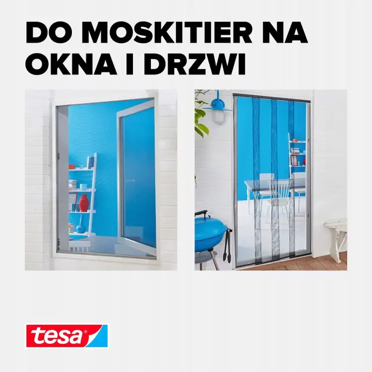 Biały rzep Tesa zamocowany wokół drzwi balkonowych zapewnia szczelne przyleganie moskitiery