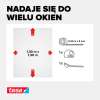 Ilustracja przedstawia wymiary moskitiery Tesa Comfort oraz elementy zestawu montażowego