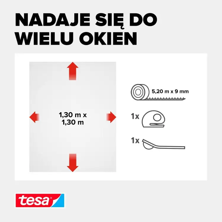 Ilustracja przedstawia wymiary moskitiery Tesa Comfort oraz elementy zestawu montażowego