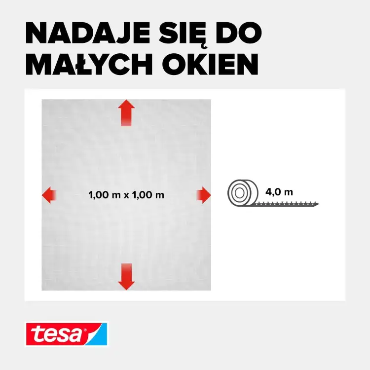 Grafika prezentuje czarną siatkę Tesa o wymiarach 1x1 metr przeznaczoną do małych okien