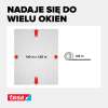 Wymiary białej siatki Tesa oraz długość taśmy samoprzylepnej przedstawione na grafice informacyjnej