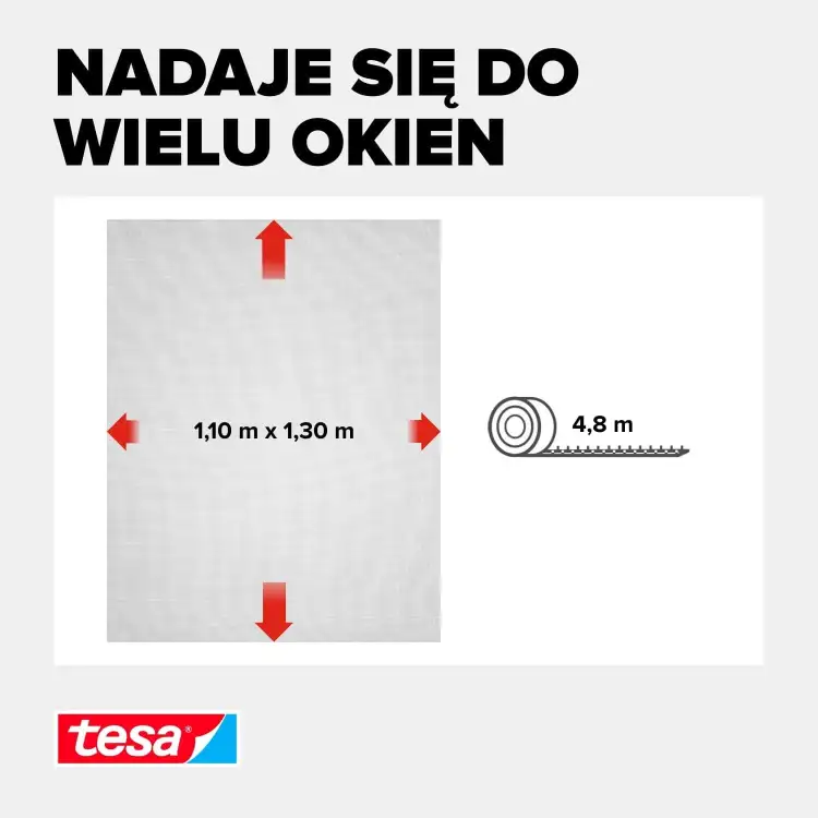 Grafika przedstawia wymiary czarnej siatki Tesa oraz długość rolki przeznaczonej do różnych okien