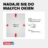 Instrukcja montażu czarnej moskitiery Tesa Comfort z wymiarami i akcesoriami do małego okna