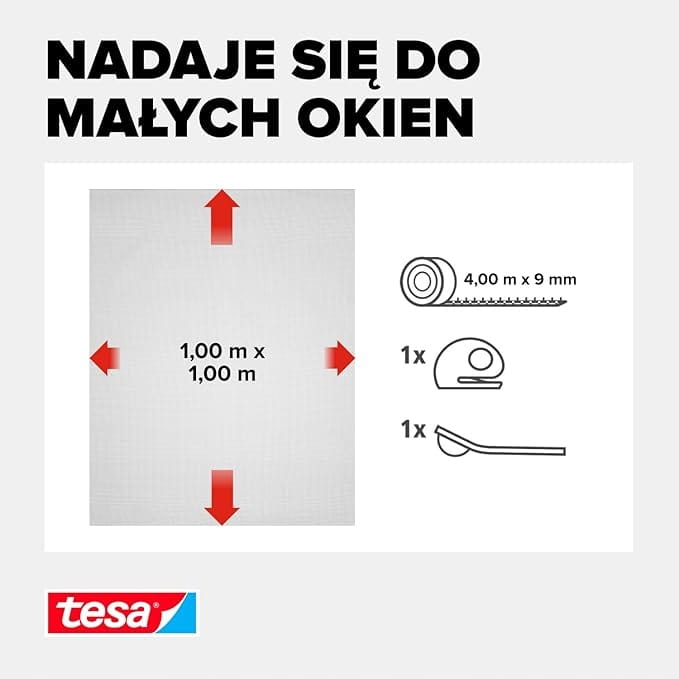 Instrukcja montażu czarnej moskitiery Tesa Comfort z wymiarami i akcesoriami do małego okna