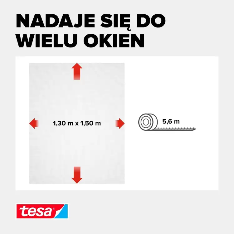 Grafika prezentuje wymiary czarnej siatki okiennej Tesa oraz długość rolki do samodzielnego przycięcia