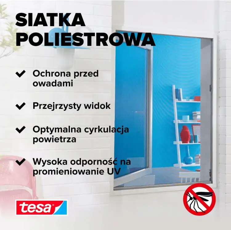 Widoczne okno z zamontowaną czarną moskitierą Tesa zapewnia przejrzysty widok i ochronę przed owadami