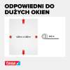 Grafika przedstawia wymiary siatki okiennej Tesa i długość samoprzylepnego paska do montażu