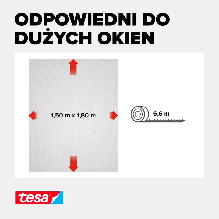 Grafika przedstawia wymiary czarnej siatki Tesa oraz długość rolki przeznaczonej do dużych okien