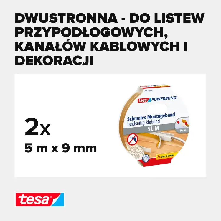 Opakowanie piankowej taśmy montażowej Tesa z widocznym opisem zastosowania do listew i dekoracji