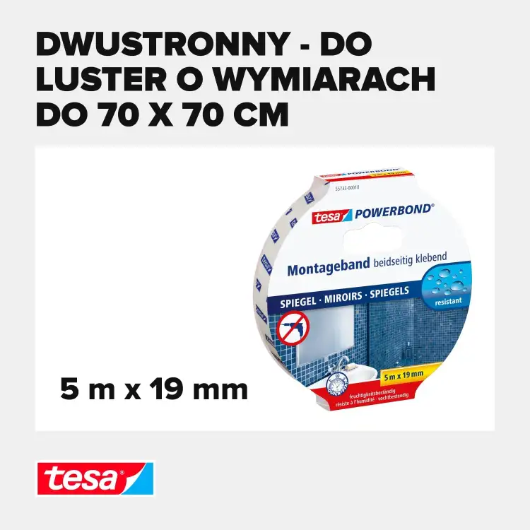 Opakowanie piankowej taśmy montażowej Tesa przeznaczonej do mocowania luster o wymiarach do 70x70 cm