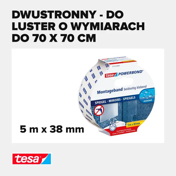 Opakowanie piankowej taśmy Tesa do mocowania luster widoczne na jasnym tle z opisem zastosowania