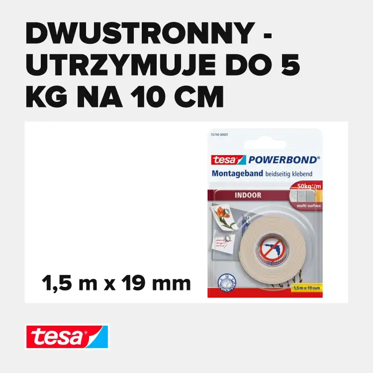 Opakowanie piankowej taśmy montażowej Tesa prezentowane na tle informacji o wytrzymałości produktu